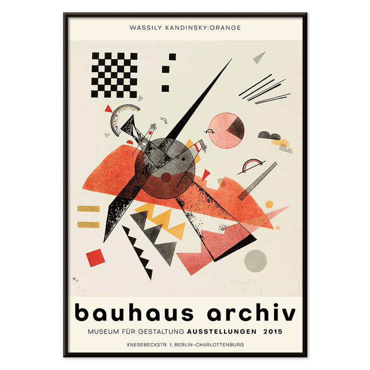 Obra abstracta de la exposición Orange Bauhaus de Wassily Kandinsky. Cartel de la exposición del archivo Bauhaus para la obra Naranja de Wassily Kandinsky con formas geométricas abstractas en varios colores.