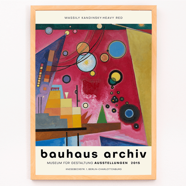 Abstract geometric painting by Wassily Kandinsky titled Heavy Red displayed at Bauhaus Archiv Museum Poster for Bauhaus archiv Museum für Gestaltung Ausstellungen featuring Heavy Red by Wassily Kandinsky with abstract shapes and colors.