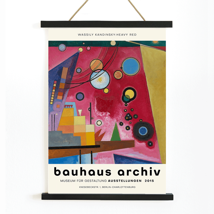 Abstract geometric painting by Wassily Kandinsky titled Heavy Red displayed at Bauhaus Archiv Museum Poster for Bauhaus archiv Museum für Gestaltung Ausstellungen featuring Heavy Red by Wassily Kandinsky with abstract shapes and colors.