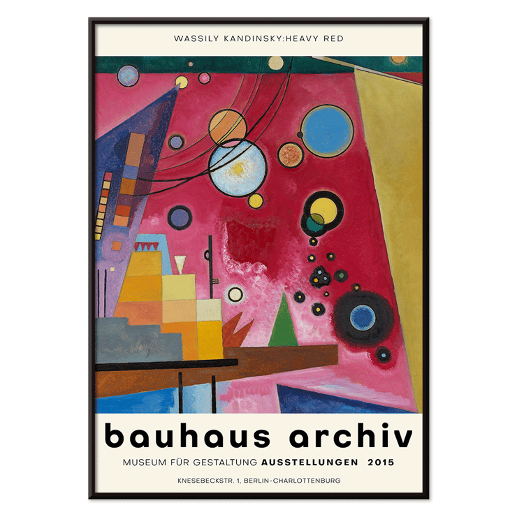 Abstract geometric painting by Wassily Kandinsky titled Heavy Red displayed at Bauhaus Archiv Museum Poster for Bauhaus archiv Museum für Gestaltung Ausstellungen featuring Heavy Red by Wassily Kandinsky with abstract shapes and colors.