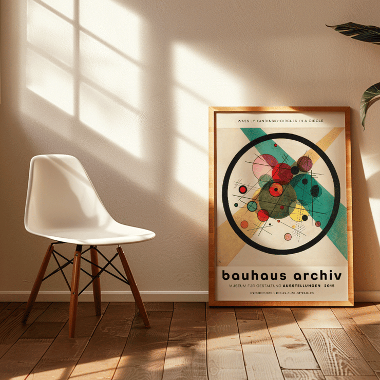 Wassily Kandinsky Circles in a Circle Bauhaus exhibition poster with abstract geometric shapes Poster of Circles in a Circle by Wassily Kandinsky for Bauhaus Archiv exhibition featuring an abstract composition of circles and lines