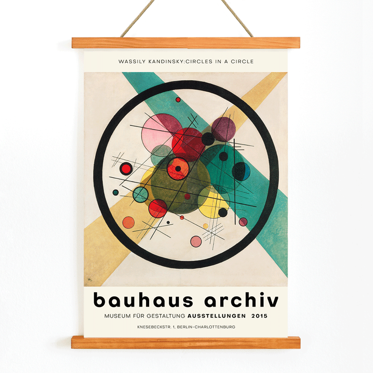 Wassily Kandinsky Circles in a Circle Bauhaus exhibition poster with abstract geometric shapes Poster of Circles in a Circle by Wassily Kandinsky for Bauhaus Archiv exhibition featuring an abstract composition of circles and lines