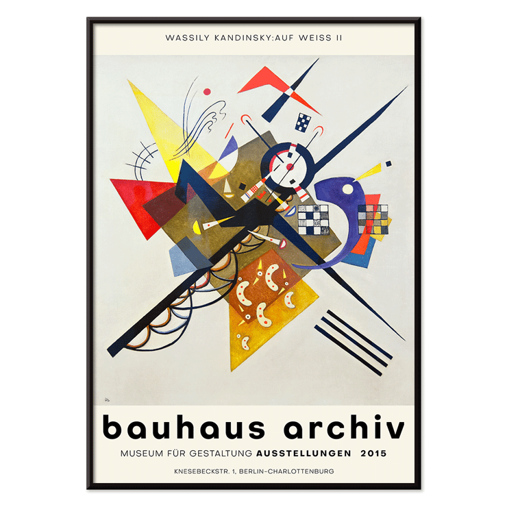 Abstraktes Gemälde von Wassily Kandinsky mit dem Titel Auf Weiss II, gezeigt in der Bauhaus-Ausstellung mit geometrischen Formen und leuchtenden Farben Plakat des Bauhaus-Archivs mit dem abstrakten Kunstwerk „Auf Weiss II“ von Wassily Kandinsky für eine Gestaltausstellung im Berliner Museum