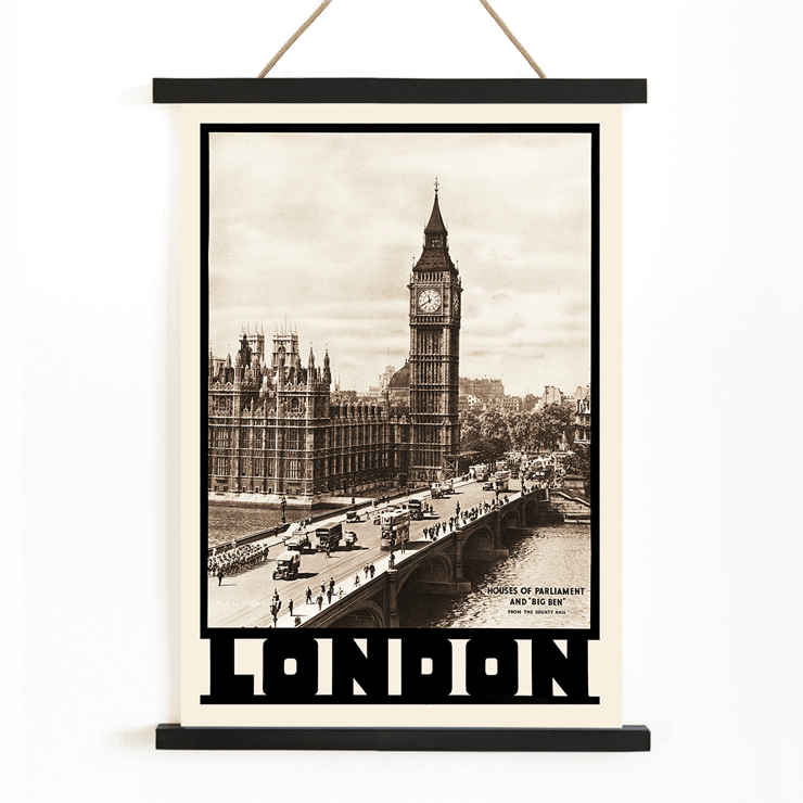 Vintage view of Houses of Parliament and Big Ben in London by Dixon Scott. Poster titled London- Houses of Parliament and Big Ben by Dixon Scott featuring iconic landmarks with sepia-toned imagery