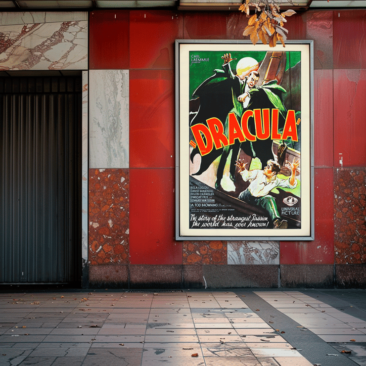 Dracula movie poster by artist featuring vampire in pursuit of frightened person with moon. Dracula movie poster features a menacing Dracula in a green cloak looming over a terrified man with a full moon in the background