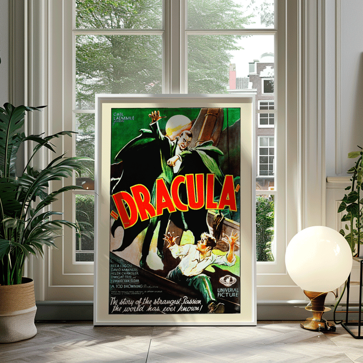 Dracula movie poster by artist featuring vampire in pursuit of frightened person with moon. Dracula movie poster features a menacing Dracula in a green cloak looming over a terrified man with a full moon in the background