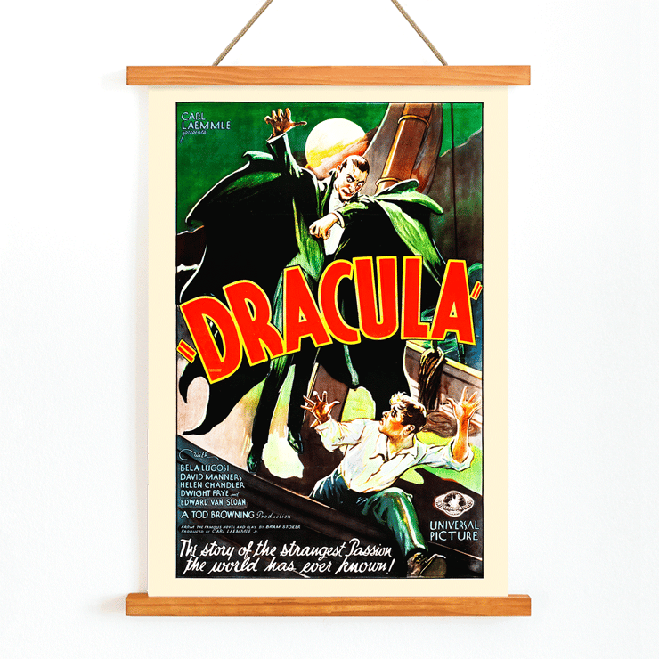 Dracula movie poster by artist featuring vampire in pursuit of frightened person with moon. Dracula movie poster features a menacing Dracula in a green cloak looming over a terrified man with a full moon in the background