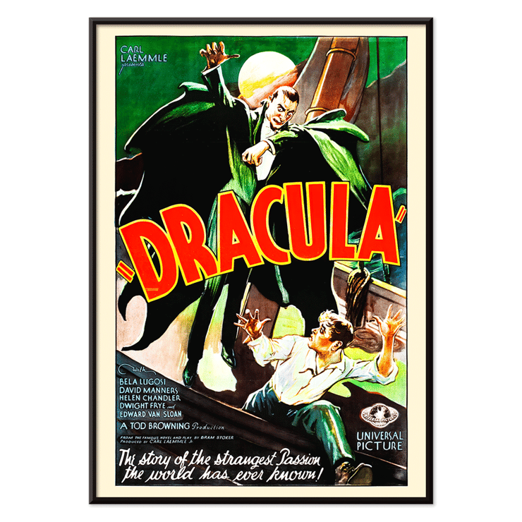 Dracula movie poster by artist featuring vampire in pursuit of frightened person with moon. Dracula movie poster features a menacing Dracula in a green cloak looming over a terrified man with a full moon in the background