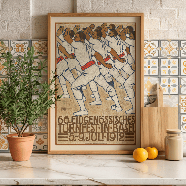 Federal Gymnastics Festival in Basel by Eduard Renggli depicts a group of male gymnasts dressed in white uniforms performing synchronized movements. Poster of athletes in white uniforms with red sashes in a formation by Eduard Renggli titled Federal Gymnastics Festival in Basel.