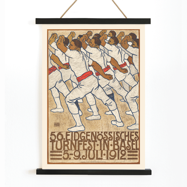 Federal Gymnastics Festival in Basel by Eduard Renggli depicts a group of male gymnasts dressed in white uniforms performing synchronized movements. Poster of athletes in white uniforms with red sashes in a formation by Eduard Renggli titled Federal Gymnastics Festival in Basel.