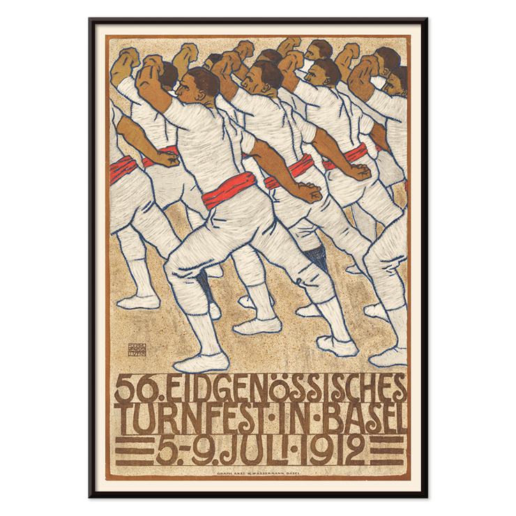 Federal Gymnastics Festival in Basel by Eduard Renggli depicts a group of male gymnasts dressed in white uniforms performing synchronized movements. Poster of athletes in white uniforms with red sashes in a formation by Eduard Renggli titled Federal Gymnastics Festival in Basel.