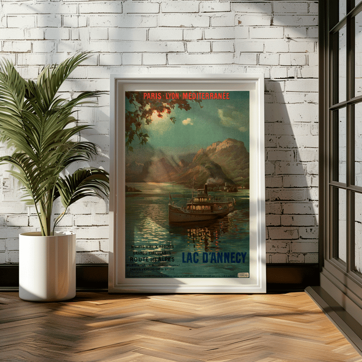 Lac d’Annecy by François-Charles Cachoud featuring a boat on a serene lake with mountains in the background Poster featuring a serene evening scene of a boat on Lac d'Annecy with surrounding mountains and a glowing sky by François-Charles Cachoud.