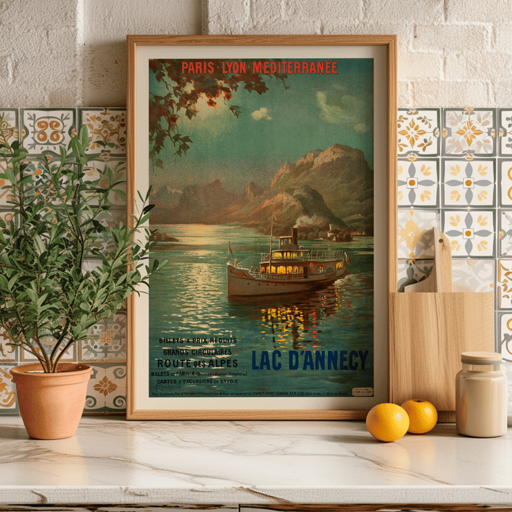 Lac d’Annecy by François-Charles Cachoud featuring a boat on a serene lake with mountains in the background Poster featuring a serene evening scene of a boat on Lac d'Annecy with surrounding mountains and a glowing sky by François-Charles Cachoud.
