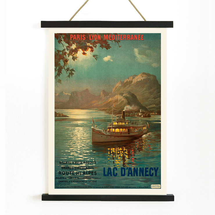Lac d’Annecy by François-Charles Cachoud featuring a boat on a serene lake with mountains in the background Poster featuring a serene evening scene of a boat on Lac d'Annecy with surrounding mountains and a glowing sky by François-Charles Cachoud.