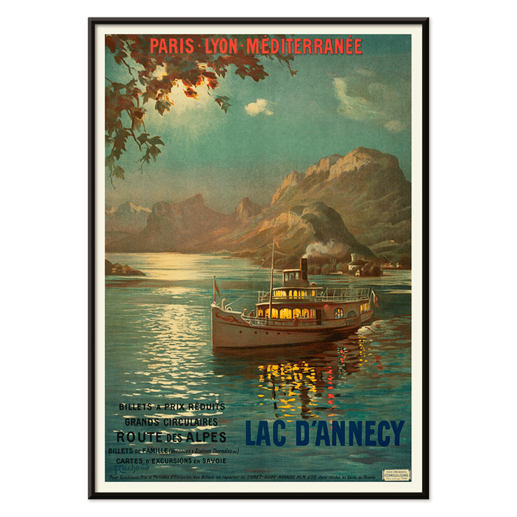 Lac d’Annecy by François-Charles Cachoud featuring a boat on a serene lake with mountains in the background Poster featuring a serene evening scene of a boat on Lac d'Annecy with surrounding mountains and a glowing sky by François-Charles Cachoud.