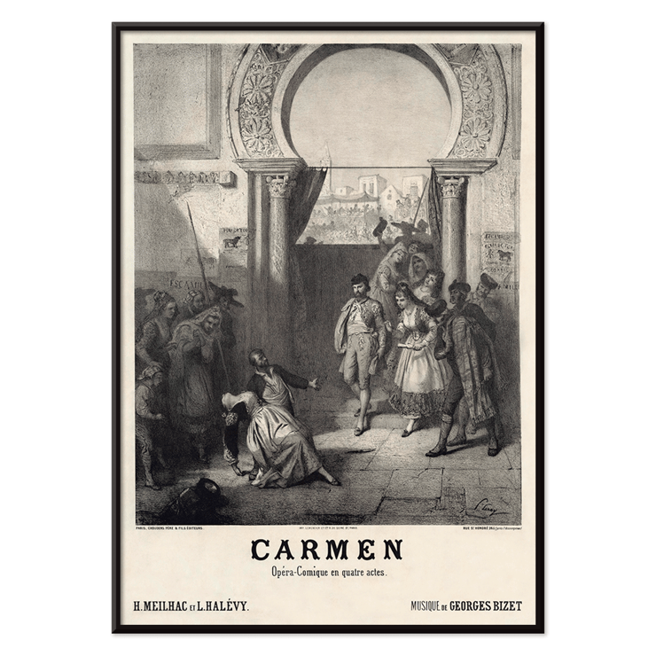 Promotional artwork for Carmen by Georges Bizet published by Choudens Poster featuring the artwork Carmen by Georges Bizet with characters in a dramatic scene under an archway.