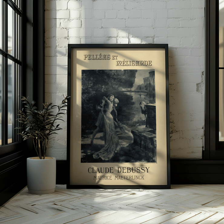 Artistic poster for Claude Debussy and Maurice Maeterlinck's Pelléas et Mélisande at the Théâtre de l'Opéra-Comique featuring characters by a river. Poster for the premiere of Claude Debussy and Maurice Maeterlinck's Pelléas et Mélisande at the Théâtre de l'Opéra-Comique.