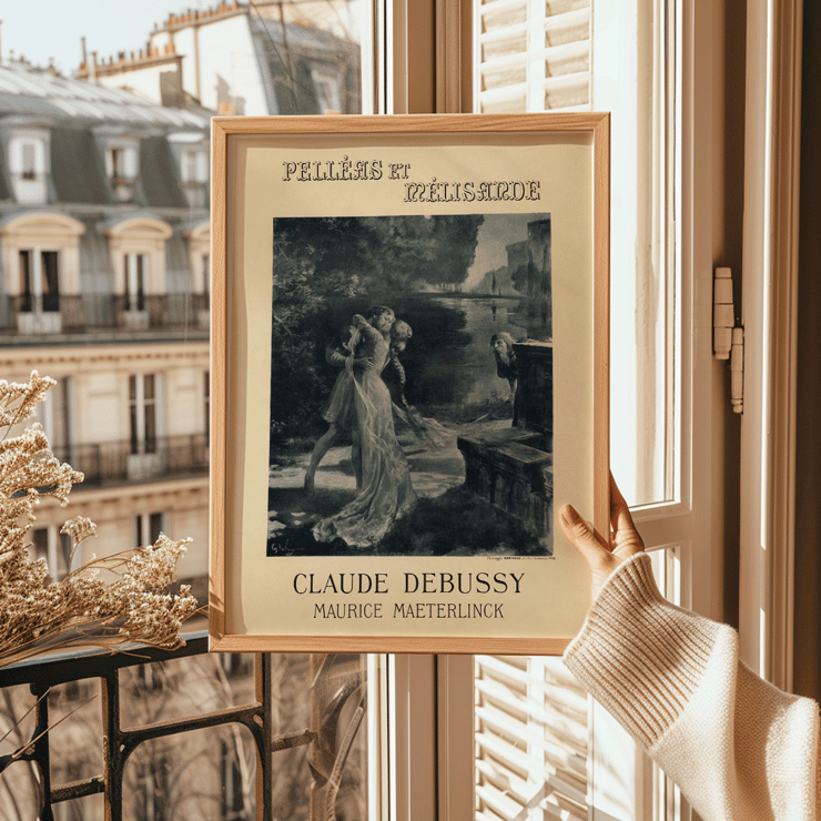 Artistic poster for Claude Debussy and Maurice Maeterlinck's Pelléas et Mélisande at the Théâtre de l'Opéra-Comique featuring characters by a river. Poster for the premiere of Claude Debussy and Maurice Maeterlinck's Pelléas et Mélisande at the Théâtre de l'Opéra-Comique.