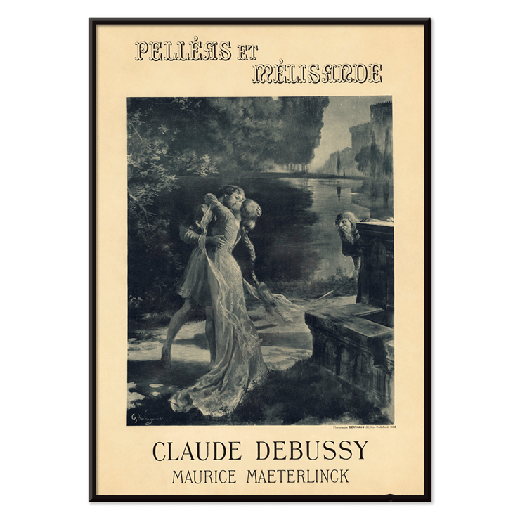 Artistic poster for Claude Debussy and Maurice Maeterlinck's Pelléas et Mélisande at the Théâtre de l'Opéra-Comique featuring characters by a river. Poster for the premiere of Claude Debussy and Maurice Maeterlinck's Pelléas et Mélisande at the Théâtre de l'Opéra-Comique.