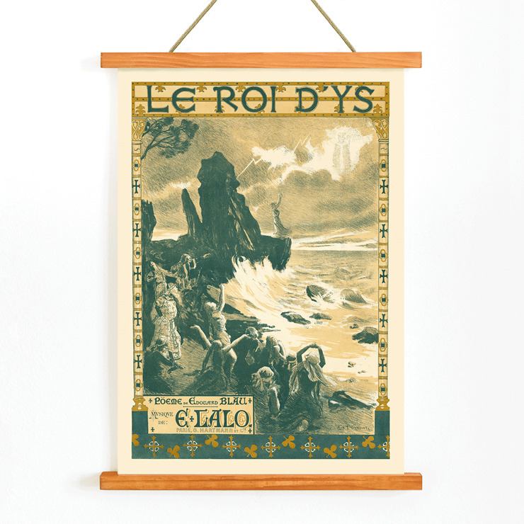Poster of Édouard Lalo's Le roi d'Ys by Auguste François-Marie Gorguet depicting a dramatic seaside scene Poster of Édouard Lalo's Le roi d'Ys by Auguste François-Marie Gorguet depicting stormy seas and people along the rocky shore