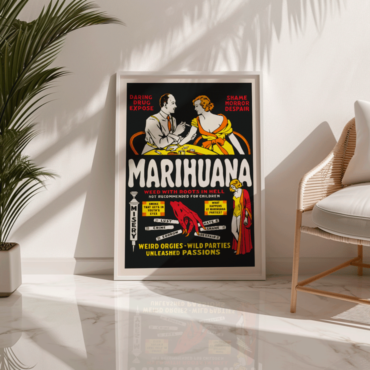 Marihuana artwork titled Marihuana movie poster with dramatic illustrations and cautionary captions about drug dangers Marihuana movie poster featuring dramatic text and illustrations depicting the dangers and consequences of marijuana use