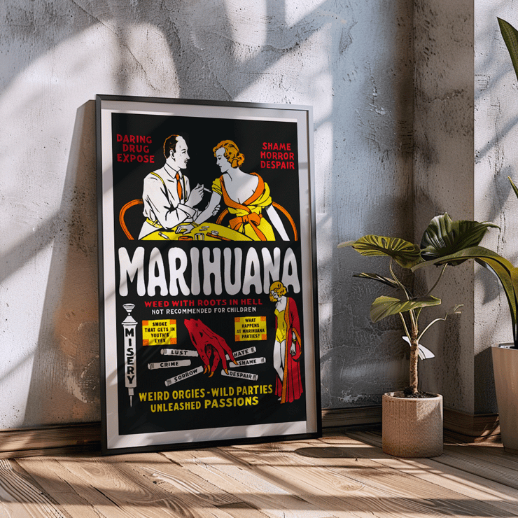 Marihuana artwork titled Marihuana movie poster with dramatic illustrations and cautionary captions about drug dangers Marihuana movie poster featuring dramatic text and illustrations depicting the dangers and consequences of marijuana use