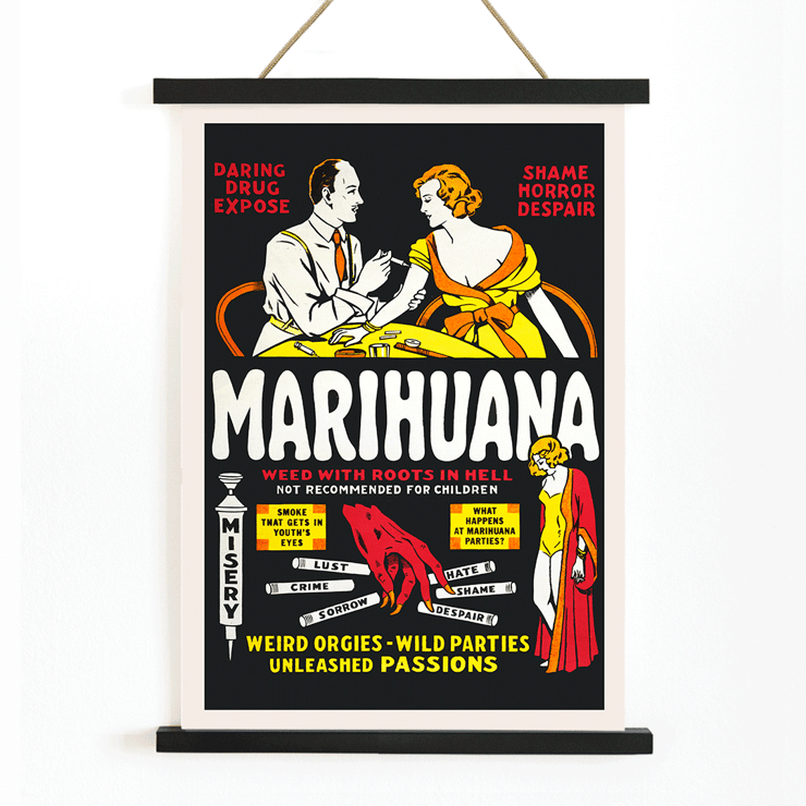 Marihuana artwork titled Marihuana movie poster with dramatic illustrations and cautionary captions about drug dangers Marihuana movie poster featuring dramatic text and illustrations depicting the dangers and consequences of marijuana use