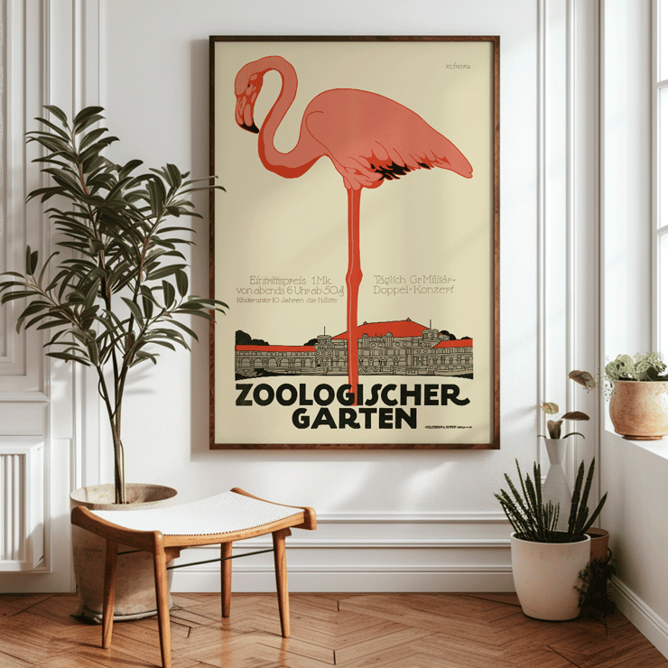 Poster featuring a flamingo and zoo building background from Zoologischer Garten by Julius Klinger Poster titled Zoologischer Garten by Julius Klinger featuring an illustration of a pink flamingo and a building facade below it.