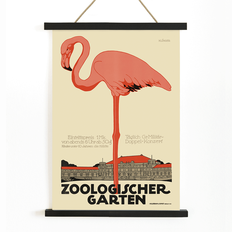 Poster featuring a flamingo and zoo building background from Zoologischer Garten by Julius Klinger Poster titled Zoologischer Garten by Julius Klinger featuring an illustration of a pink flamingo and a building facade below it.