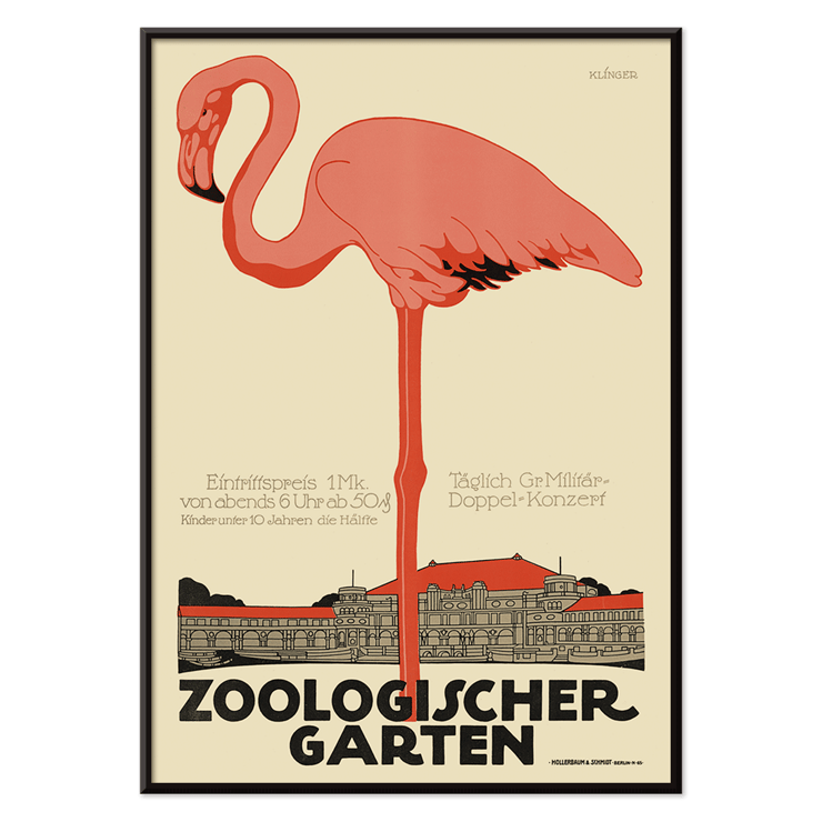 Poster featuring a flamingo and zoo building background from Zoologischer Garten by Julius Klinger Poster titled Zoologischer Garten by Julius Klinger featuring an illustration of a pink flamingo and a building facade below it.