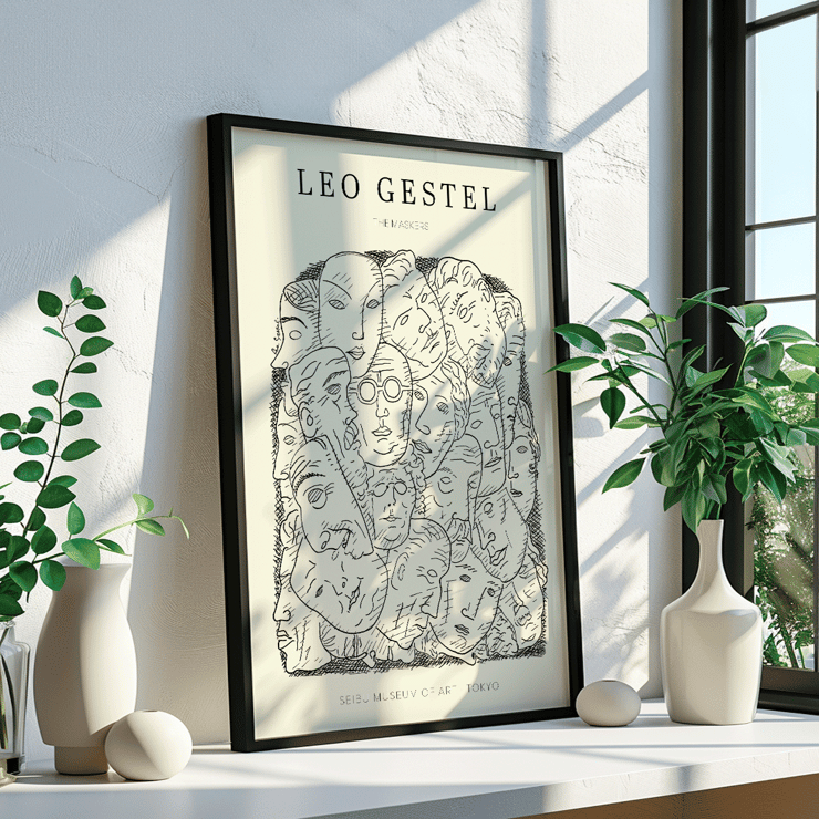 Leo Gestel Maskers artwork featured at Seibu Museum of Art Tokyo showcasing post-impressionist style from the Netherlands Poster of Maskers by Leo Gestel showcasing abstract faces exhibited at Seibu Museum of Art Tokyo