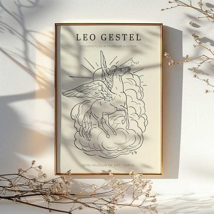 Illustration of Pegasus flying in front of a cloud by Leo Gestel Poster featuring a line drawing of a flying Pegasus above clouds titled Pegasus Flies in Front of a Cloud by Leo Gestel.