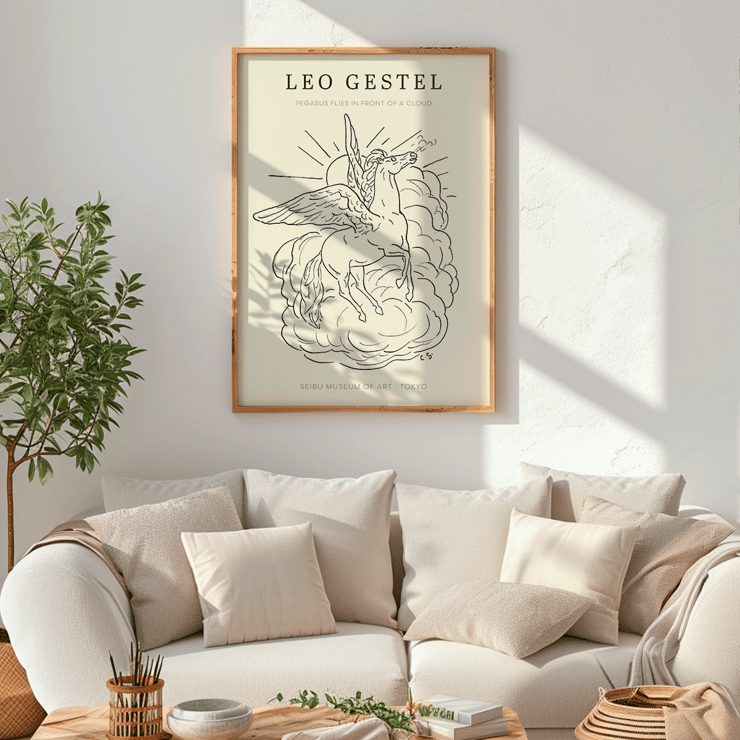 Illustration of Pegasus flying in front of a cloud by Leo Gestel Poster featuring a line drawing of a flying Pegasus above clouds titled Pegasus Flies in Front of a Cloud by Leo Gestel.