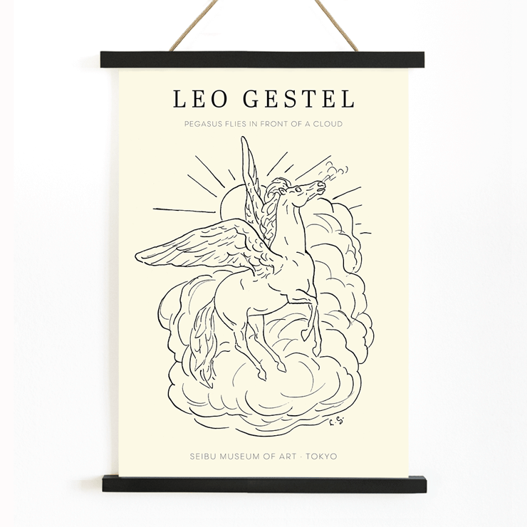 Illustration of Pegasus flying in front of a cloud by Leo Gestel Poster featuring a line drawing of a flying Pegasus above clouds titled Pegasus Flies in Front of a Cloud by Leo Gestel.