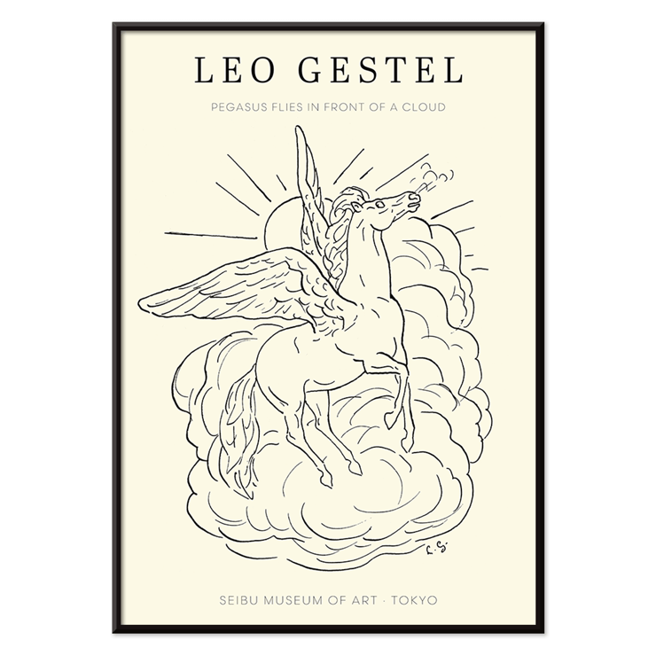 Illustration of Pegasus flying in front of a cloud by Leo Gestel Poster featuring a line drawing of a flying Pegasus above clouds titled Pegasus Flies in Front of a Cloud by Leo Gestel.
