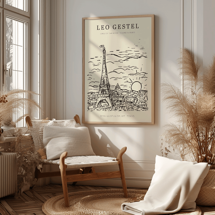 View of the Eiffel Tower in Paris by Leo Gestel Poster with an artwork by Leo Gestel titled View of the Eiffel Tower in Paris showing a sketch of the Eiffel Tower and cityscape.