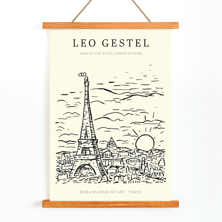 View of the Eiffel Tower in Paris by Leo Gestel Poster with an artwork by Leo Gestel titled View of the Eiffel Tower in Paris showing a sketch of the Eiffel Tower and cityscape.