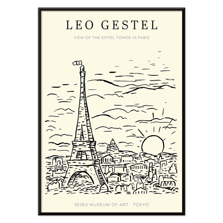 View of the Eiffel Tower in Paris by Leo Gestel Poster with an artwork by Leo Gestel titled View of the Eiffel Tower in Paris showing a sketch of the Eiffel Tower and cityscape.