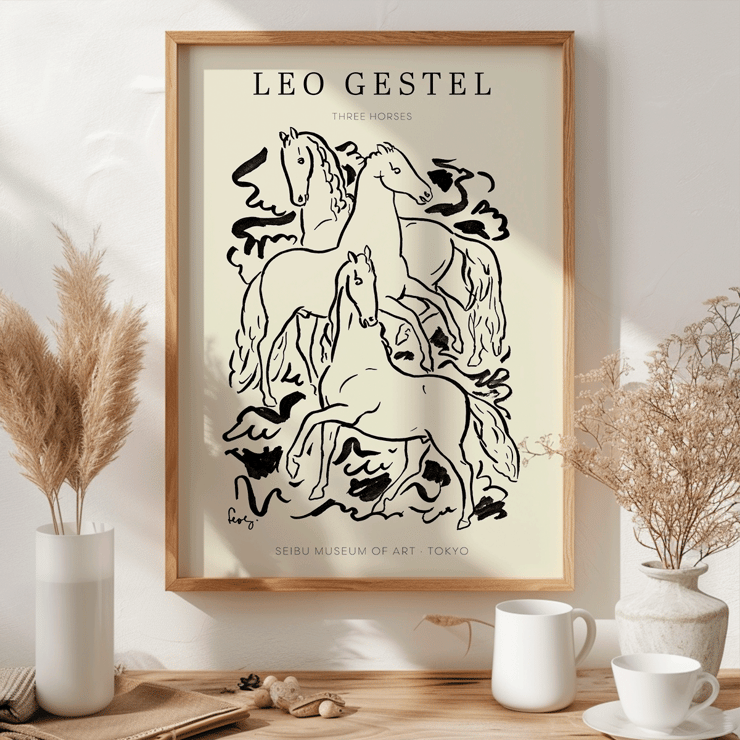 Three Horses by Leo Gestel black and white line drawing of three horses. Poster featuring the artwork Three Horses by Leo Gestel, depicting a black and white illustration of three horses in dynamic poses.