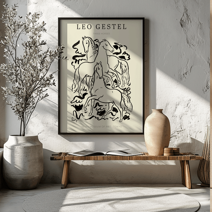 Three Horses by Leo Gestel black and white line drawing of three horses. Poster featuring the artwork Three Horses by Leo Gestel, depicting a black and white illustration of three horses in dynamic poses.