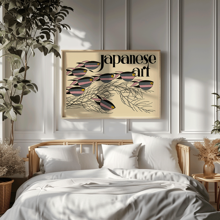 Japanese Art by Julius Klinger featuring colorful fish illustration. Poster of fish and seaweed with text Japanese Art by Julius Klinger