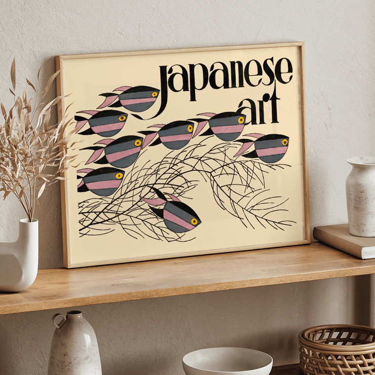 Japanese Art by Julius Klinger featuring colorful fish illustration. Poster of fish and seaweed with text Japanese Art by Julius Klinger