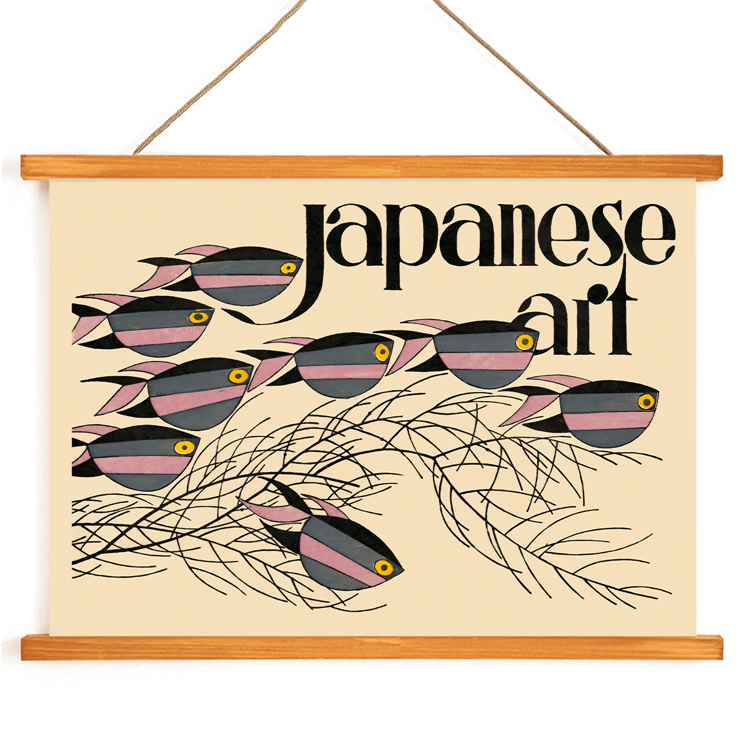 Japanese Art by Julius Klinger featuring colorful fish illustration. Poster of fish and seaweed with text Japanese Art by Julius Klinger