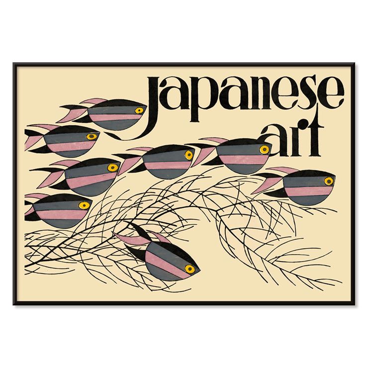 Japanese Art by Julius Klinger featuring colorful fish illustration. Poster of fish and seaweed with text Japanese Art by Julius Klinger