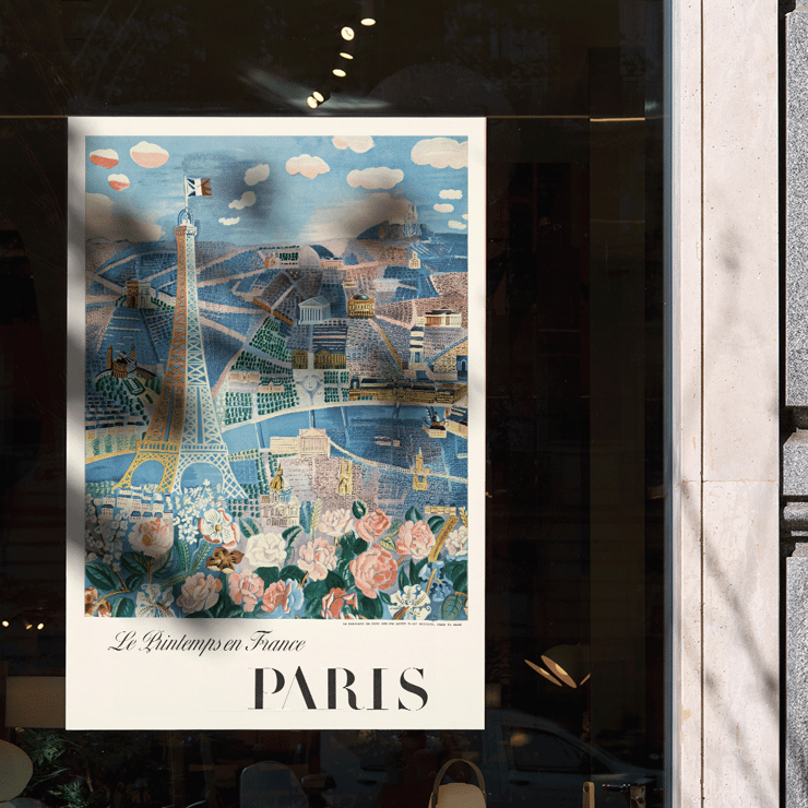 Raoul Dufy artwork Le Printemps en France depicting Paris with Eiffel Tower and flowers. Poster of Paris scene with Eiffel Tower and flowers Le Printemps en France by Raoul Dufy.