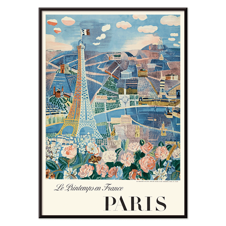 Raoul Dufy artwork Le Printemps en France depicting Paris with Eiffel Tower and flowers. Poster of Paris scene with Eiffel Tower and flowers Le Printemps en France by Raoul Dufy.