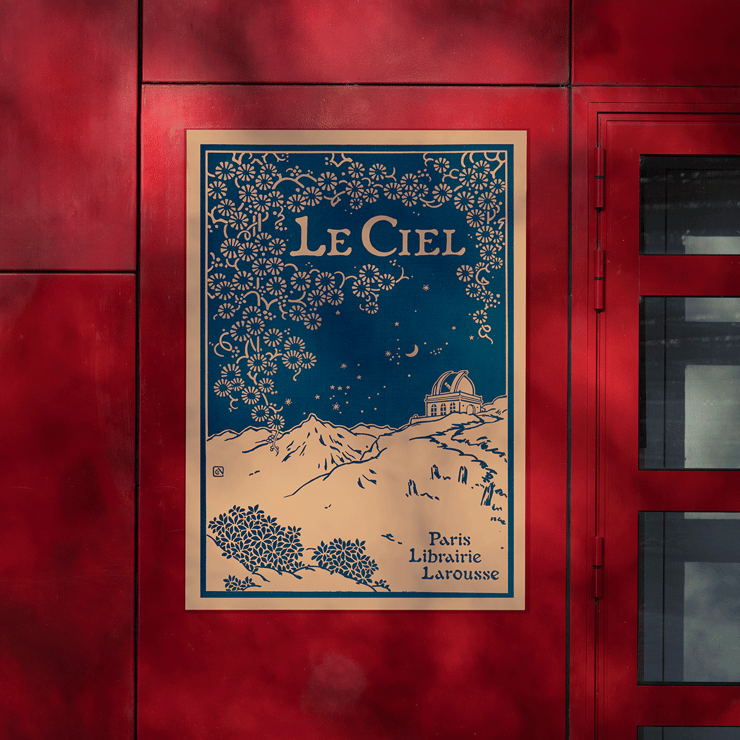 Illustrated night sky scene with observatory from Le Ciel by Alphonse Berget. Art poster featuring a night sky and observatory with floral patterns Le Ciel from Nouvelle Astronomie Pittoresque by Alphonse Berget