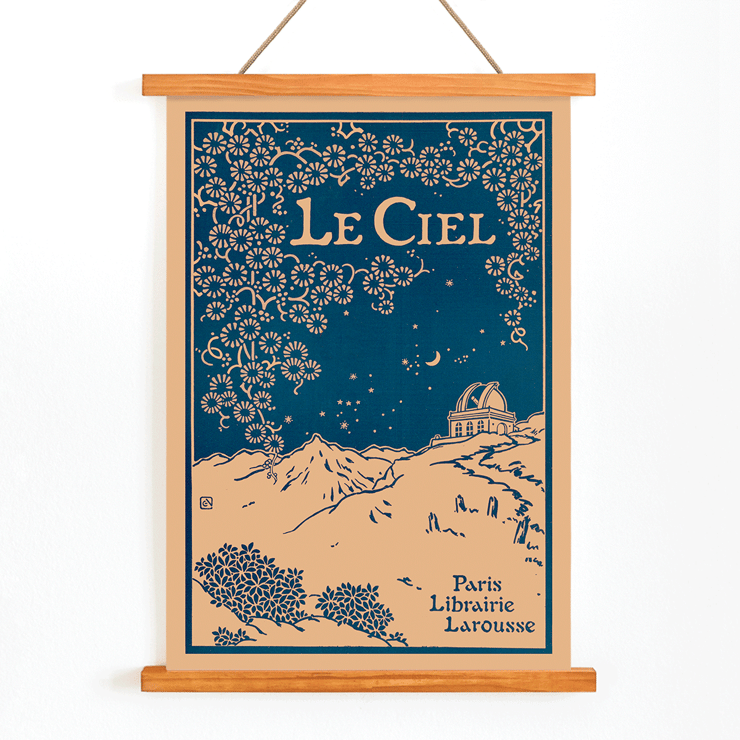 Illustrated night sky scene with observatory from Le Ciel by Alphonse Berget. Art poster featuring a night sky and observatory with floral patterns Le Ciel from Nouvelle Astronomie Pittoresque by Alphonse Berget