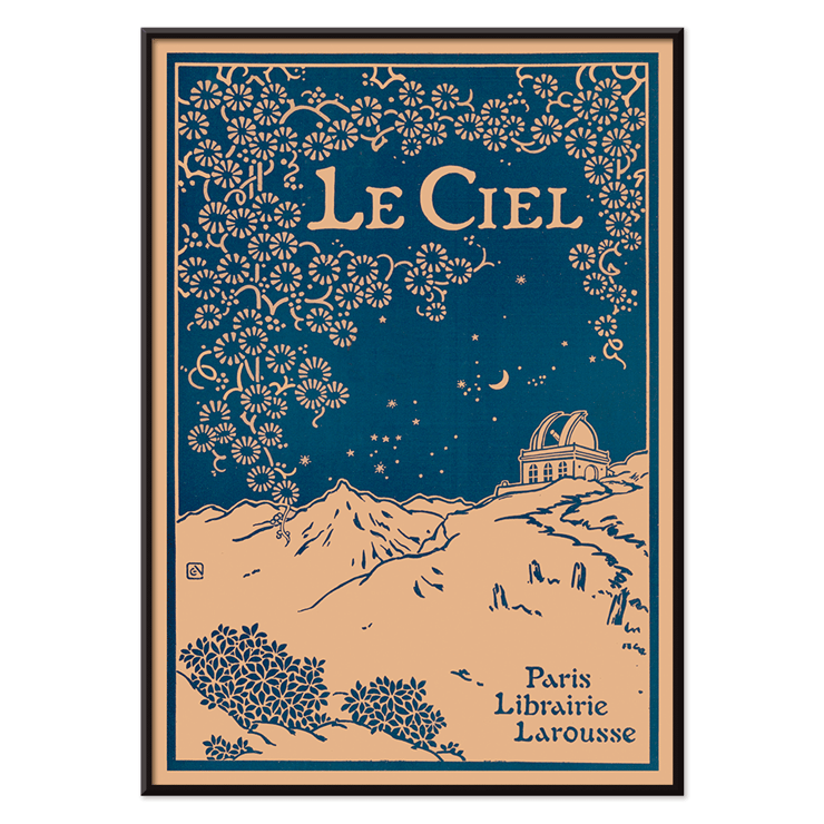 Illustrated night sky scene with observatory from Le Ciel by Alphonse Berget. Art poster featuring a night sky and observatory with floral patterns Le Ciel from Nouvelle Astronomie Pittoresque by Alphonse Berget