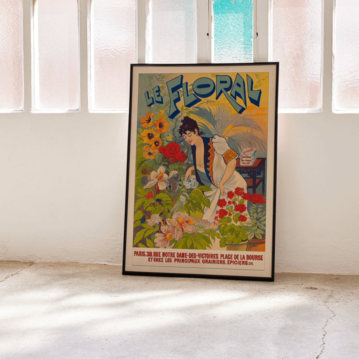 Le Floral artwork depicting a woman tending to vibrant flowers Poster of a woman watering colorful flowers with Le Floral in bold letters in the background titled Le Floral.